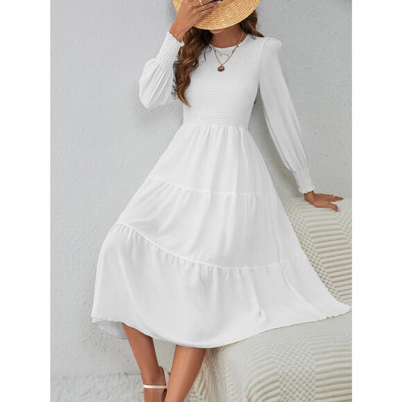 ALLANDWELL White Long Sleeve Smocked Round Neck Tiered Midi Dress Small - Picture 1 of 10